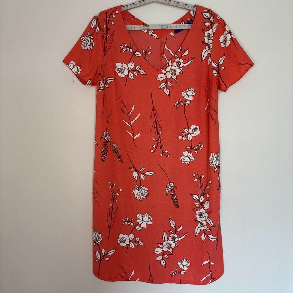 APT9 Floral Short Sleeve Dress Womens L Orange Brown Flowy Pullover Double VNeck